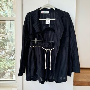 NWT Free People Beach Two Piece Summer Shorts Set Jacket Shirt Black Small